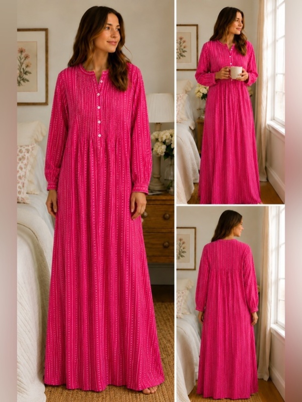 L.L.Bean Dobby Nightgown Dress Red-Pink Cottagecore Pintuck Sleep Gown L Cotton